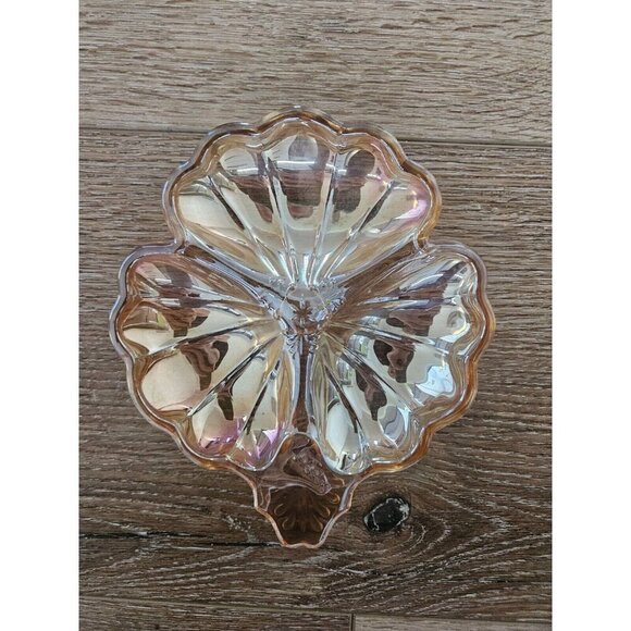 Vintage Jeannette Carnival Glass Marigold Clover Leaf Candy Dish Triple Divide - Picture 4 of 7